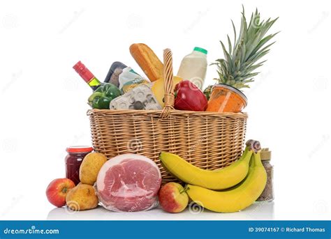 Wicker Basket Full Of Food Groceries Isolated Stock Image Image Of