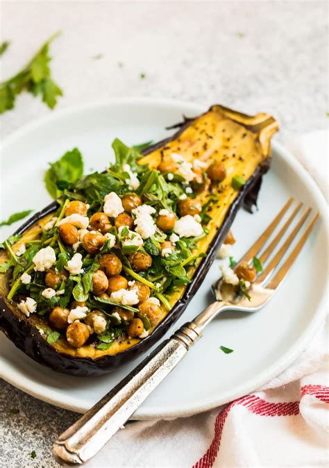 roasted eggplant with crispy chickpeas and arugula