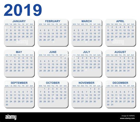 Vector Calendar For Year 2019 Stock Vector Image And Art Alamy