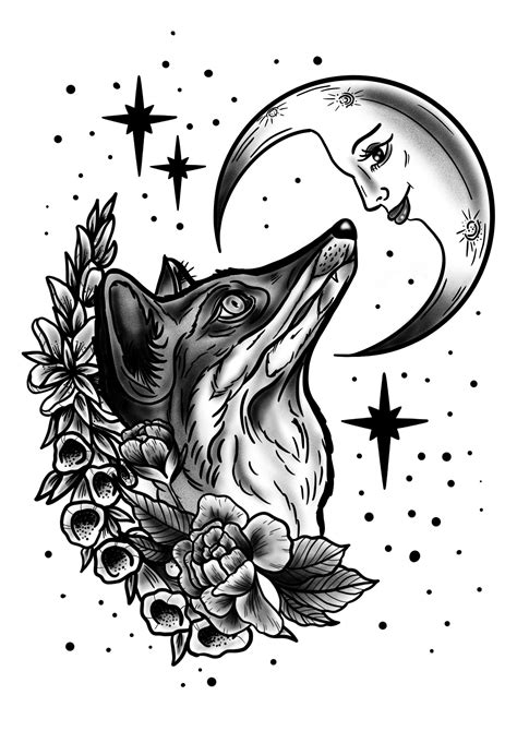 Fox And Moon Print Etsy