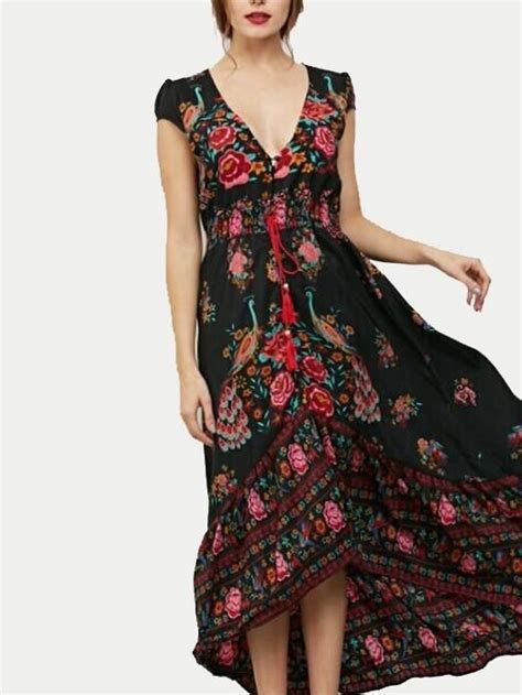 Beautiful Bohemia Floral Print Cap Sleeve Deep V Neck Elastic Waist Maxi Dress Boho Dress