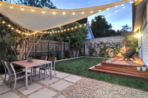 The backyard patio ideas will serve you the relaxing outdoor spot at once. Shade sail, triangular with party lights. | Small backyard ...