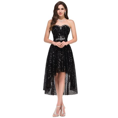 Black Sequins Sexy Women Short Front Long Back Prom Dress Gown Evening