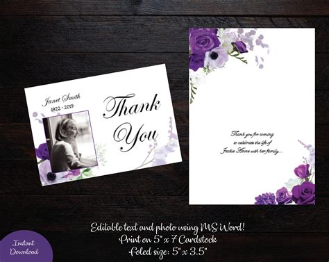 Funeral Photo Thank You Card 5 X 7 Memorial Thank You Card Purple