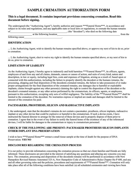 sample cremation authorization form printable