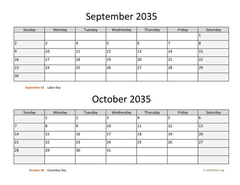 September And October 2035 Calendar