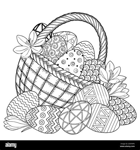 Happy Easter Black And White Doodle Easter Eggs In The Basket