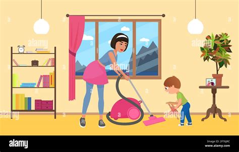 Children Help Parents With Housework Mother With Vacuum Cleaner Boy