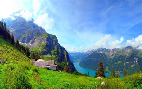 Trees Landscape Forest Mountains Hill Lake Nature Grass Clouds