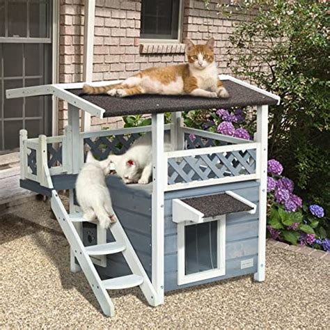 Petsfit Outdoor Cat House For Feral Cats Weatherproof 2 Story Wooden