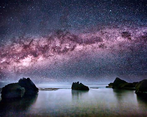 Milky Way Coast Dark Galaxy Night Ocean Sky Space Stars Stones