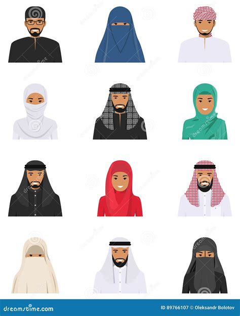 Different Muslim Arab People Characters Avatars Icons Set In Flat Style Isolated On White