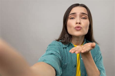 Woman Making Point Of View Photo Sending Air Kissing Pov Expressing