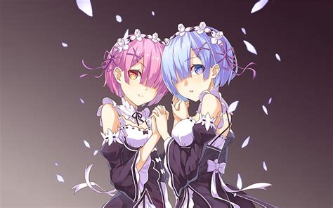 Hd Wallpaper Two Girls Illustration Ram Rem Leaves Maids Rezero