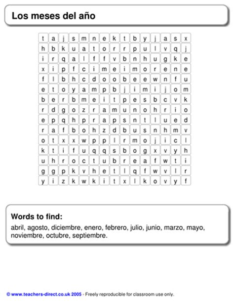 Spanish Months Of The Year Word Search Teaching Resources