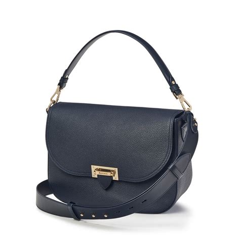Slouchy Saddle Bag In Navy Pebble Aspinal Of London