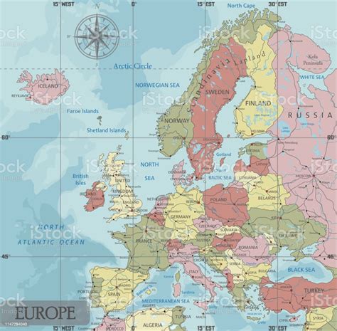 Detailed Europe Political Map In Mercator Projection Stock Illustration