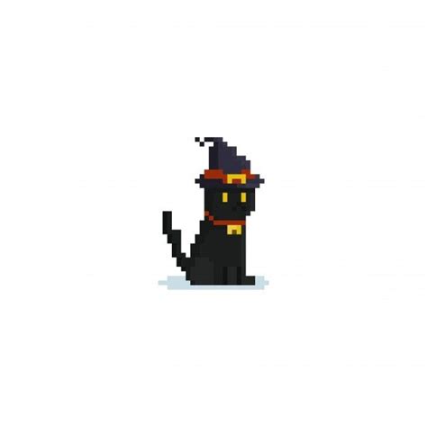 Pixel Sitting Black Cat Wearing Witch Hat Pixel Art