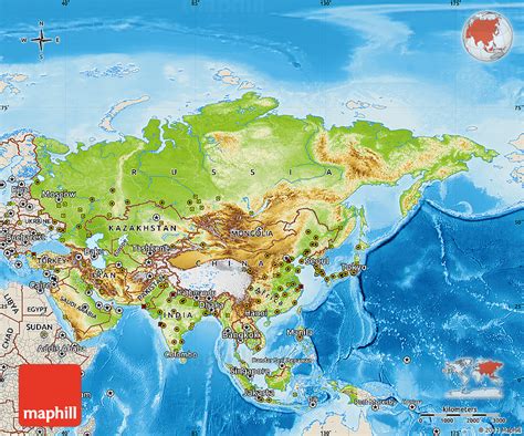 The physical map of japan showing major geographical features like elevations, mountain ranges, deserts, ocean, lakes, plateaus, peninsulas, rivers, plains, landforms and other topographic. Physical Map of Asia, shaded relief outside