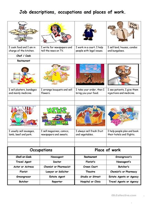 Job descriptions, occupations and places of work worksheet - Free ESL