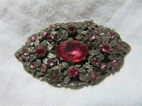 Czechoslovakian Brooch Pink Stones Vintage Jewelry Pin From Antiques