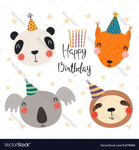 Cute Animals Birthday Card Royalty Free Vector Image