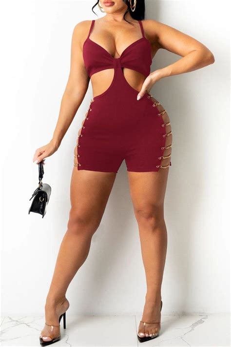 Sexy Solid Hollowed Out Chains Backless Zipper Spaghetti Strap Skinny Romper Skinny Romper