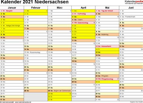 Das elegante, übersichtliche design verfügt über dunkelrot gefärbte sonntage, sowie eine nummerierung der kalenderwochen (kw). Kalender 2021 Niedersachsen: Ferien, Feiertage, PDF-Vorlagen