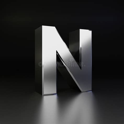 Chrome Letter N Uppercase 3d Render Shiny Metal Font Isolated On Black