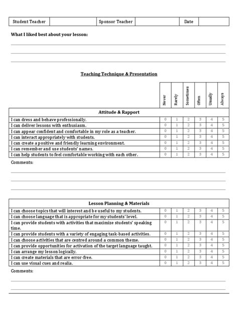Student Teacher Feedback Form English As A Second Or Foreign Language