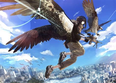 Wallpaper Anime Girl Wings Flying Cityscape Sky Black Hair Sniper Wallpapermaiden