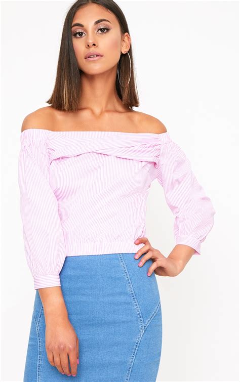 Pink Stripe Bardot Shirt Tops Prettylittlething