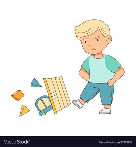 Grumpy Boy Tossing Toys With His Leg Grizzling Vector Image