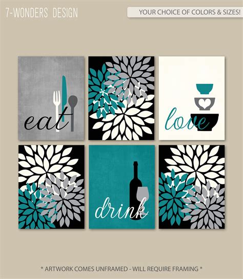 Kitchen Wall Art Print Set Eat Drink Love Flower Bursts Teal Etsy