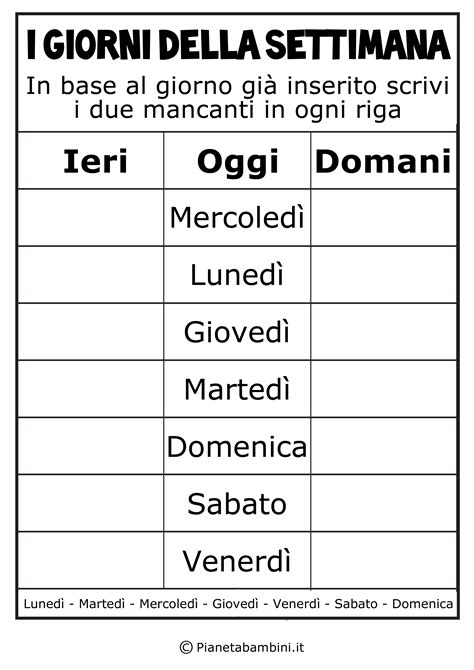 Imparare I Giorni Della Settimana Esercizi Da Stampare Lingua