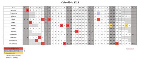 Calendário 2023 Feriados Em Portugal Excel Para Download