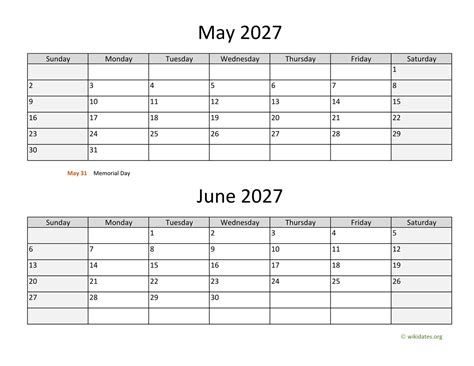 May And June 2027 Calendar