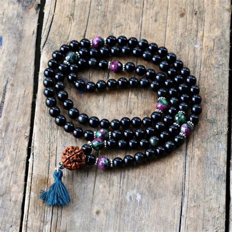 New Fabulous 108 Beads Tibetan Mala With Black Obsidian And Ruby
