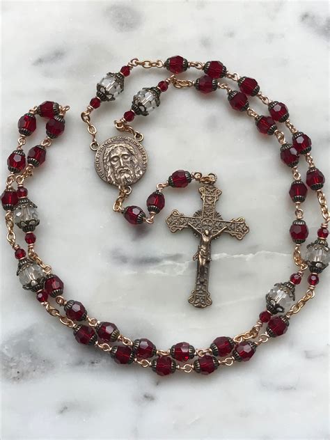 Holy Face Chaplet Crystal And Bronze Sacred Heart Crucifix Etsy