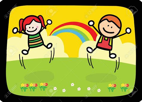 Niños Felices Jugando En El Parque Cuando El Arco Iris Ilustraciones