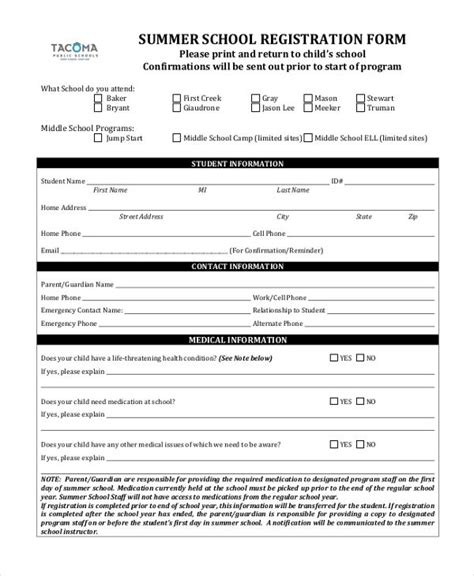 Summer School Registration Form Registration Form Sample