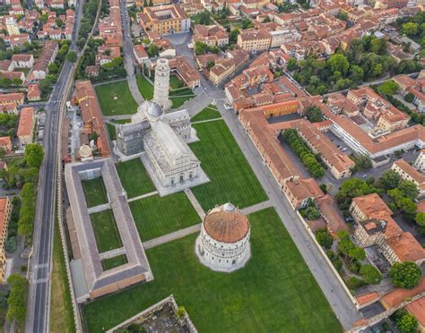 Aerial View Of Leaning Tower Of Pisa At Sunrise In Italy Stock Photo