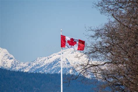 The Canadian Flag Waving In The Wind With The Mountains In The