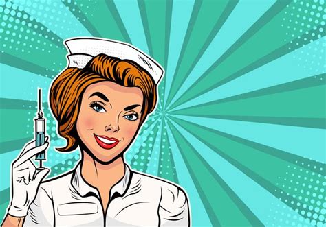 Beautiful Nurse With A Syringe For Vaccination Pop Art Retro Style
