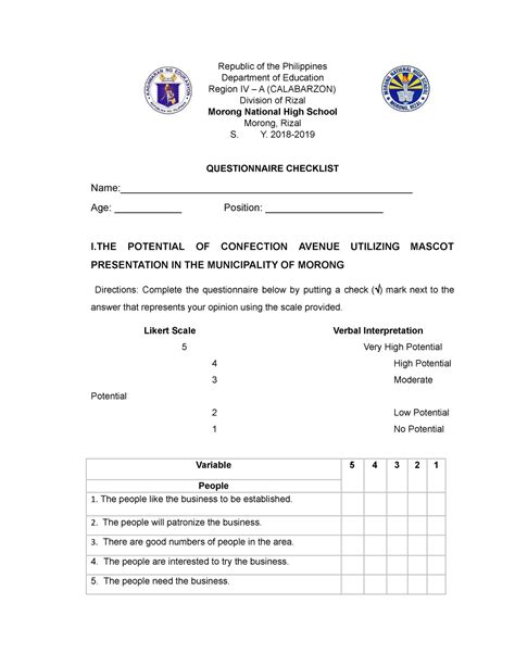 Questionnaire Checklist Sample Republic Of The Philippines Department