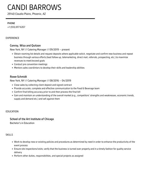 Catering Manager Resume Samples Velvet Jobs