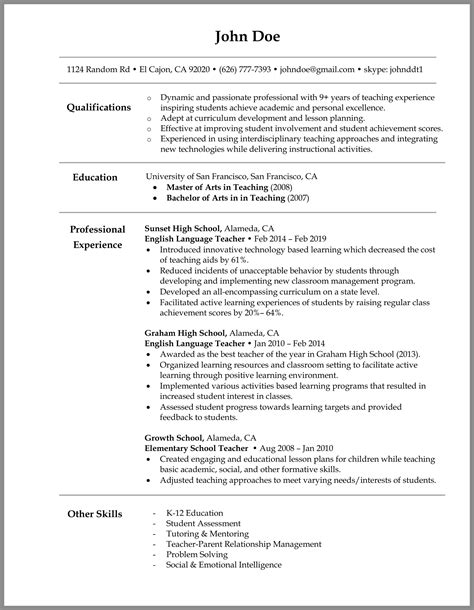 Passionate english teacher with a focus on american. Teacher Resume: Writing Tips & Sample