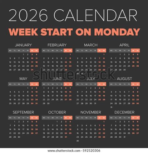 Simple 2026 Year Calendar Week Starts Stock Vector Royalty Free