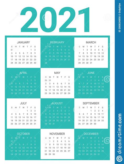 Year 2021 Calendar Vector Design Template Stock Vector Illustration