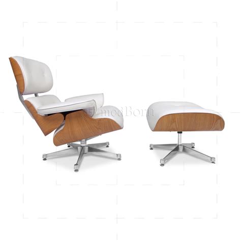 Eames for herman miller chair and ottoman with white leather upholstery, width 32. Eames Style Lounge Chair and Ottoman White Leather Oak Plywood